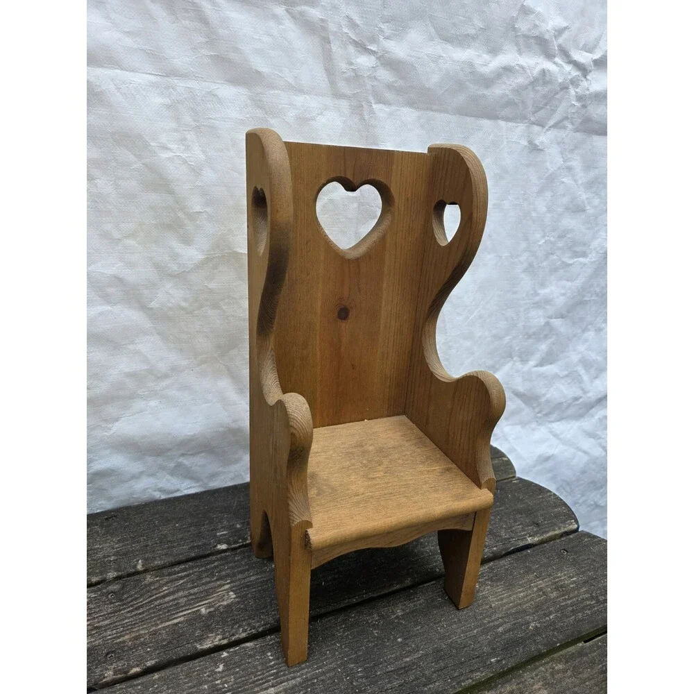 Vintage Rustic Wooden Doll Chair Display Bench Shelf Child Heart Cut Out